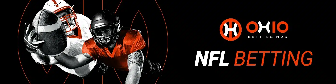 Guide to NFL betting in Ohio, featuring football players and the OhioBettingHub logo, desktop banner.