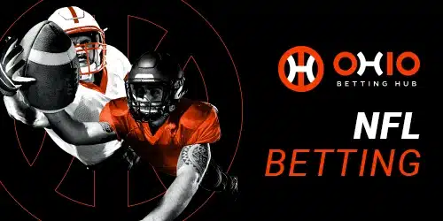 Guide to NFL betting in Ohio, featuring football players and the OhioBettingHub logo, mobile banner.