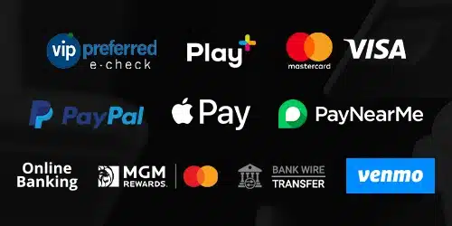 betmgm ohio promo code banking options banner with MasterCard, Visa, PayPal, Apple Pay, Play+, Venmo, MGM Rewards, etc