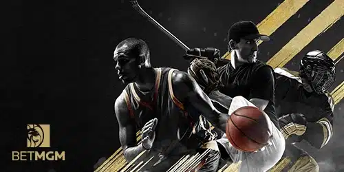 betmgm ohio promo code games banner with a basketball player, a baseball player and a hockey player