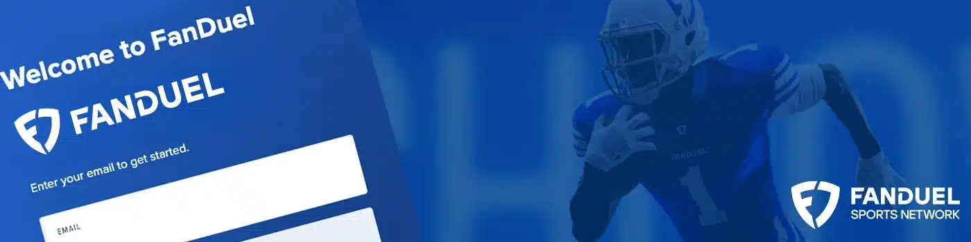 FanDuel sportsbook desktop banner showing a part of the registration process and an athlete with a ball