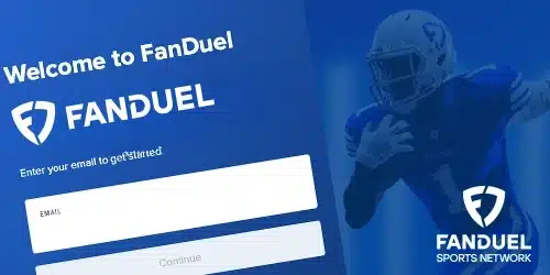 FanDuel sportsbook mobile banner showing a part of the registration process and an athlete with a ball
